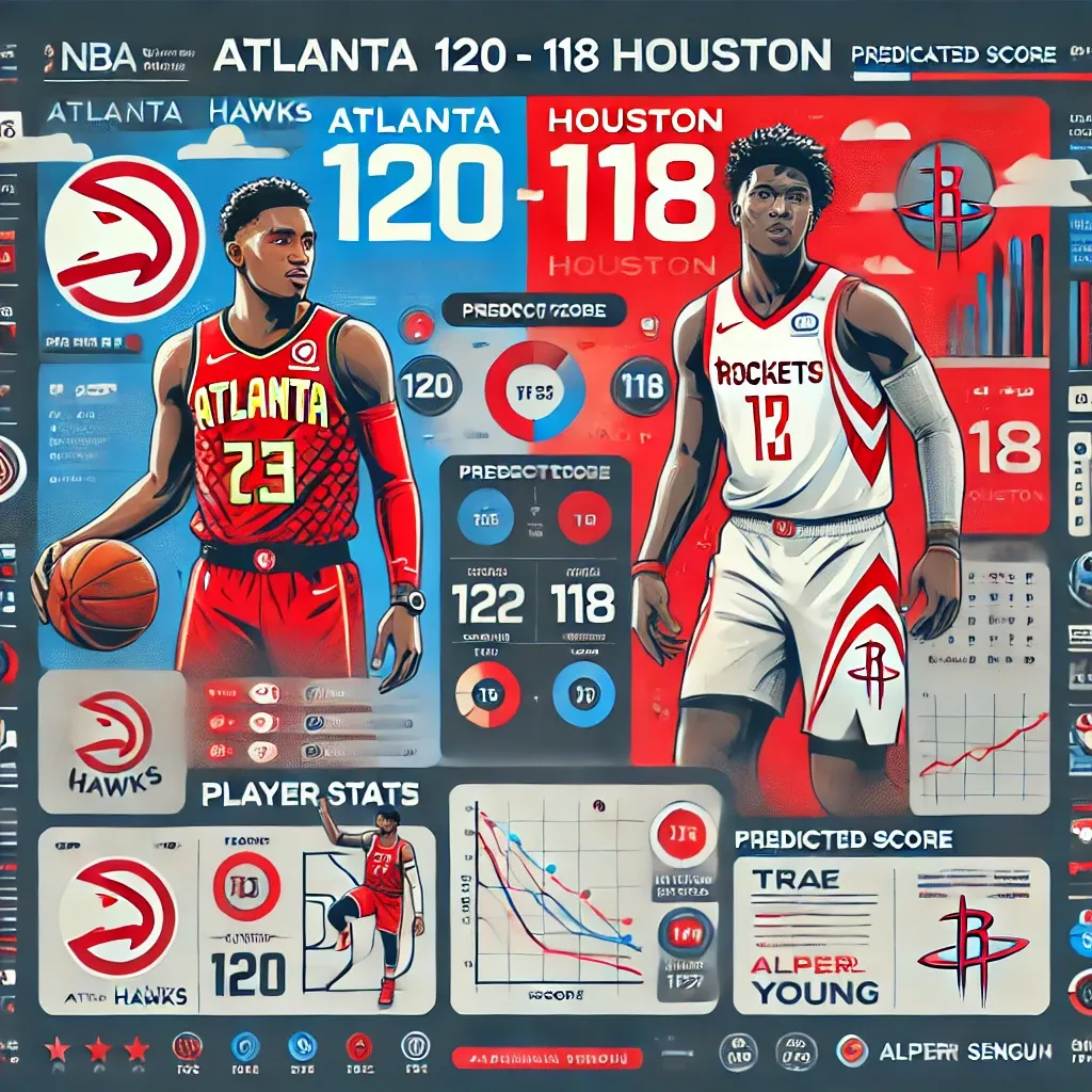 애틀랜타 호크스 vs 휴스턴 로케츠 경기 분석 인포그래픽 - 선수 통계, 팀 분석, 예상 스코어 120-118, 주요 선수 트레이 영과 알페렌 센군