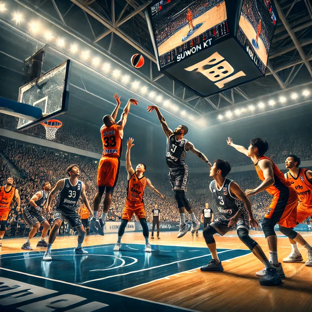 수원 KT와 창원 LG의 KBL 농구 경기 장면, 한 선수가 3점슛을 시도하며 수비진이 이를 저지하려는 모습