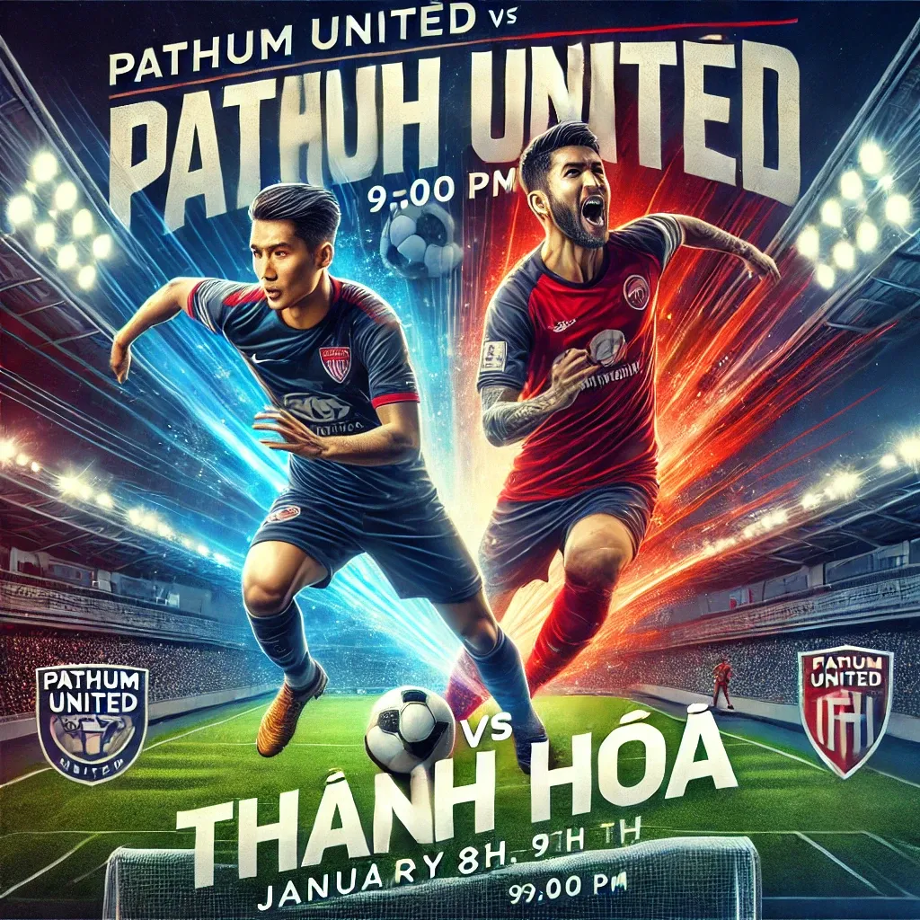 Pathum United와 Thanh Hoa의 AFC 클럽 챔피언십 경기를 알리는 포스터. 축구 필드 배경과 밝은 조명이 비추는 경기장, 팀 로고, 그리고 경기 정보가 포함된 에너지가 넘치는 디자인.