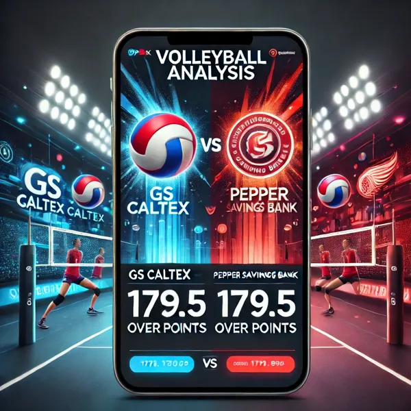 GS Caltex vs Pepper Savings Bank volleyball match analysis graphic featuring a dynamic court background, team logos, and a 179.5 over points prediction. Designed for sports insights and articles.