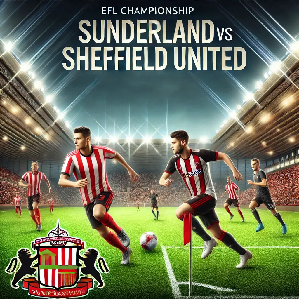 Illustration of an EFL Championship match between Sunderland and Sheffield United. Players in red and white striped kits (Sunderland) and black and white kits (Sheffield United) are in action on a vibrant football pitch under bright stadium lights, capturing the intensity of a professional football match.