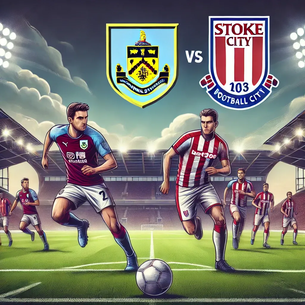 Illustration of an EFL Championship match between Burnley and Stoke City. Players in claret and blue kits (Burnley) and red and white striped kits (Stoke City) are in action on a vibrant football pitch under bright stadium lights. The atmosphere is intense and competitive, perfect for a sports analysis article.