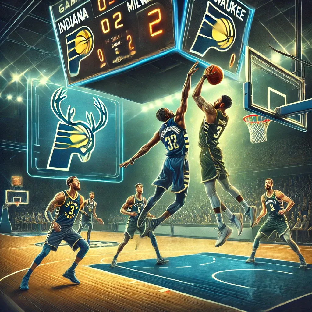 Indiana Pacers vs Milwaukee Bucks basketball game analysis featuring players in action on the court with a scoreboard showing Indiana 0 vs Milwaukee 2. Star player highlighted in a dunk pose.