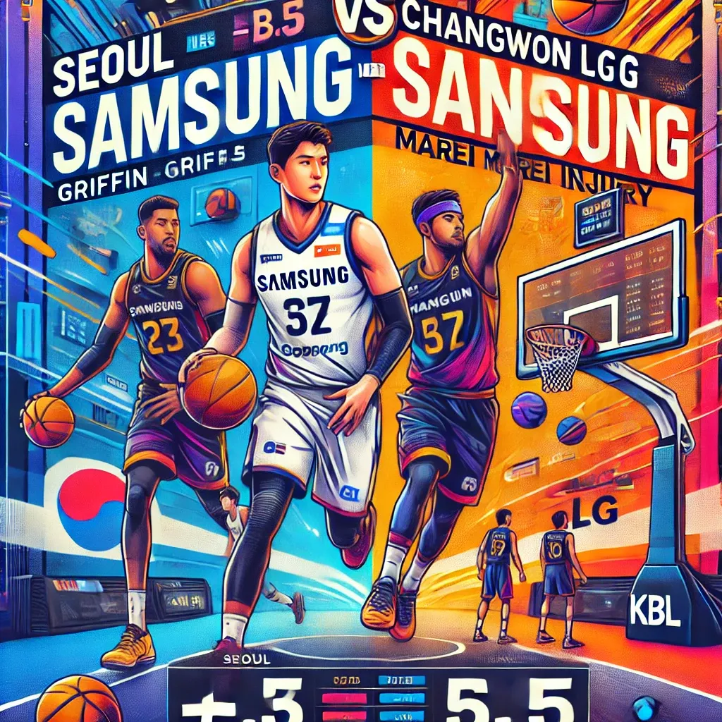 서울 삼성 vs 창원 LG KBL 경기 분석. +3.5 삼성 핸디캡과 마레이 부상, 그리핀 대체 선수 영입, 농구 코트와 선수들의 역동적인 그래픽