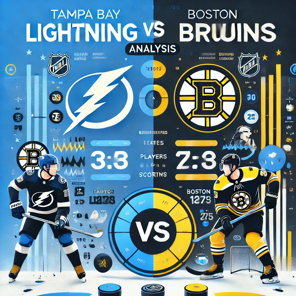 템파베이 라이트닝과 보스턴 브루인스 경기 분석. 팀 로고, 주요 선수 통계, 예상 점수를 포함한 현대적인 아이스하키 인포그래픽.
