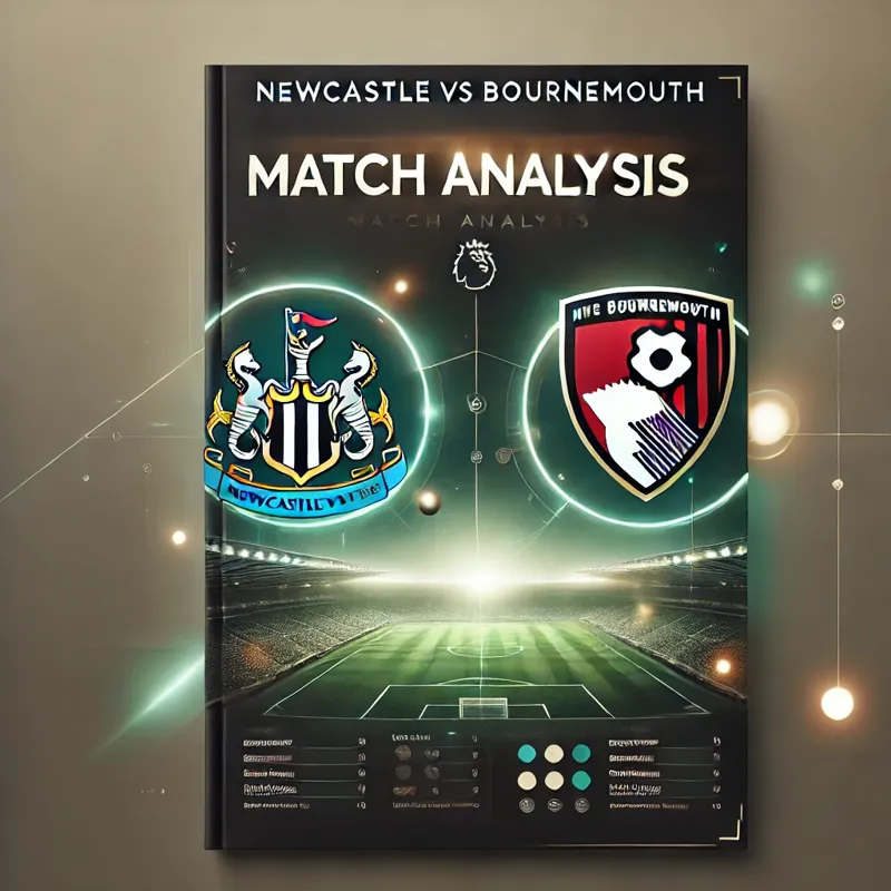 Newcastle vs Bournemouth Match Analysis graphic featuring a football pitch background, glowing elements, and a modern design.