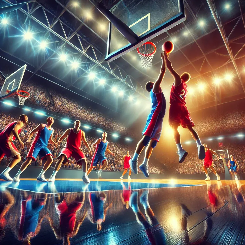 A dynamic and captivating digital illustration of a basketball game, featuring intense gameplay under bright stadium lights, emphasizing energy and competition.